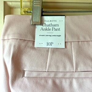 NWT Talbots soft pink Chatham ankle pants with brass buttons at ankles.